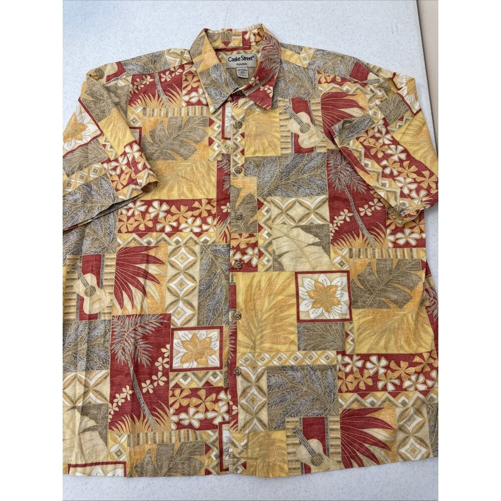 Cooke Street Hawaiian Button Up Shirt 100% Cotton 2XL Red Yellow Guitar Hawaii
